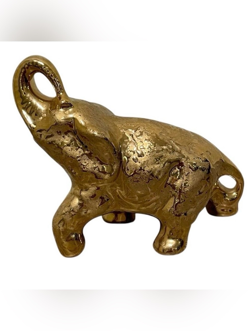 Vintage Gold Painted Porcelain Elephant Figurine Trunk Up Good Luck MCM 6"x4.5"